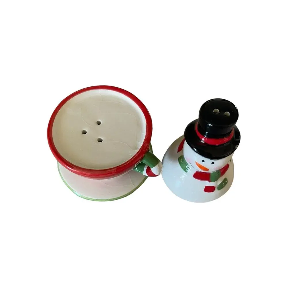 Snowman & Teacup Winter Christmas Transpac Designs Salt and Pepper Shakers 4 in